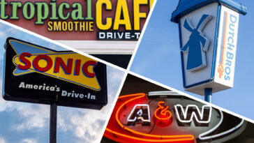 Logos from Tropical Smoothie Cafe, Dutch Bros, A&W, and Sonic Drive-in