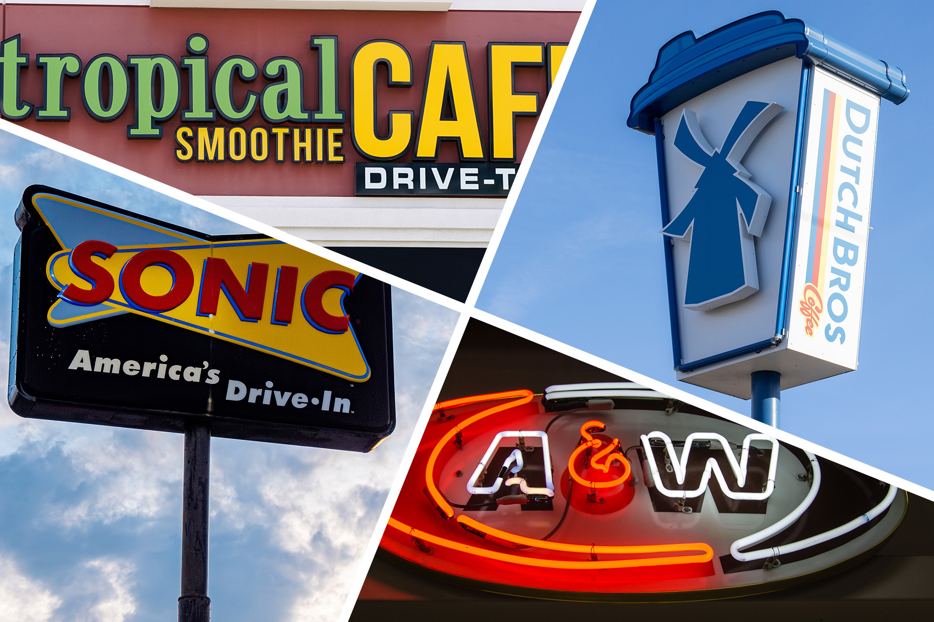 Logos from Tropical Smoothie Cafe, Dutch Bros, A&W, and Sonic Drive-in